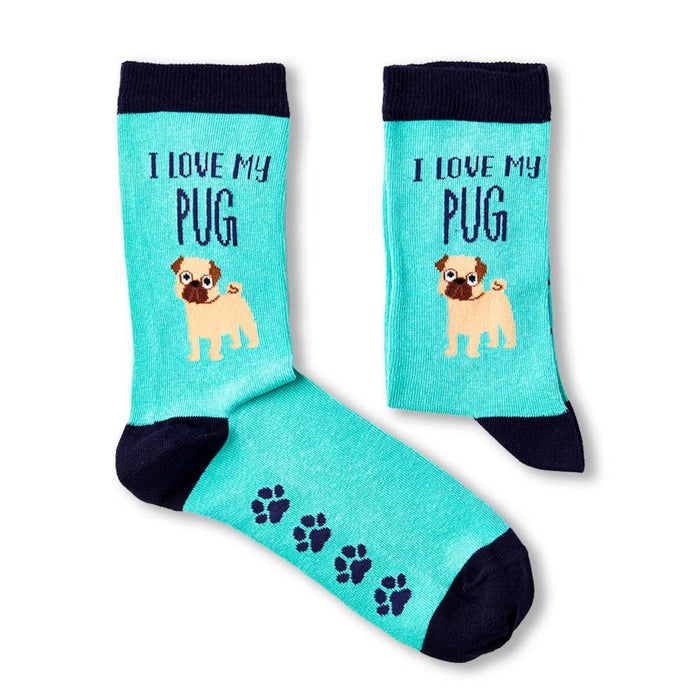Turquoise socks with pug illustration and 'I love my pug' text on a white background