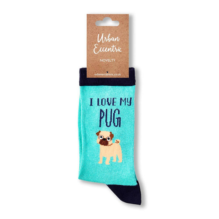 Turquoise sock with pug illustration and text 'I love my Pug' on a white background