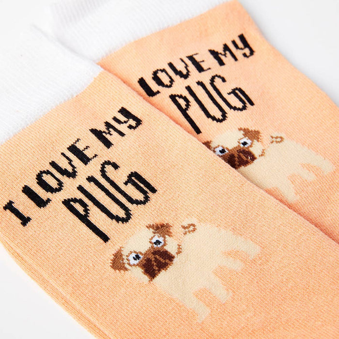 close up of I Love My Pug socks showing dog design and text
