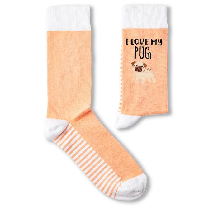 pair of I Love My Pug novelty socks laid flat showing full design