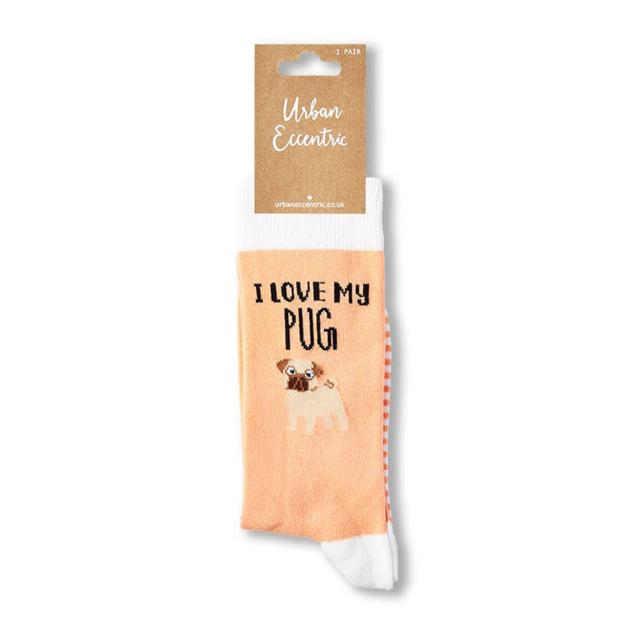 I Love My Pug socks with retail tag visible