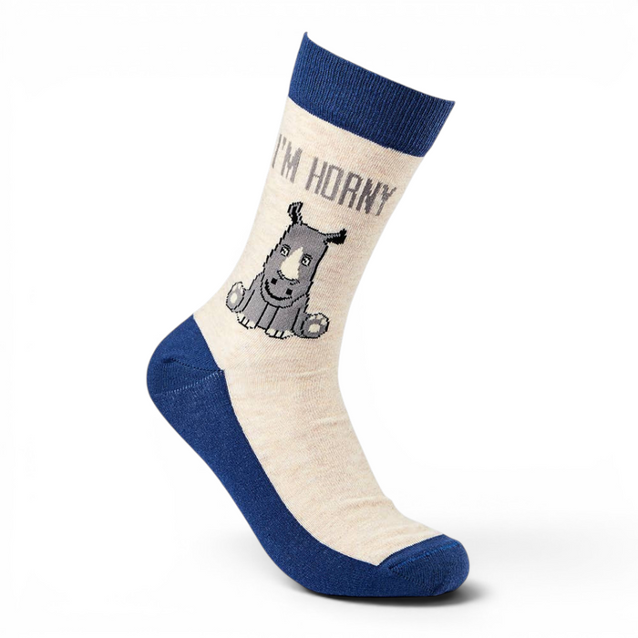 I’m Horny novelty socks beige and blue main view with rhino design