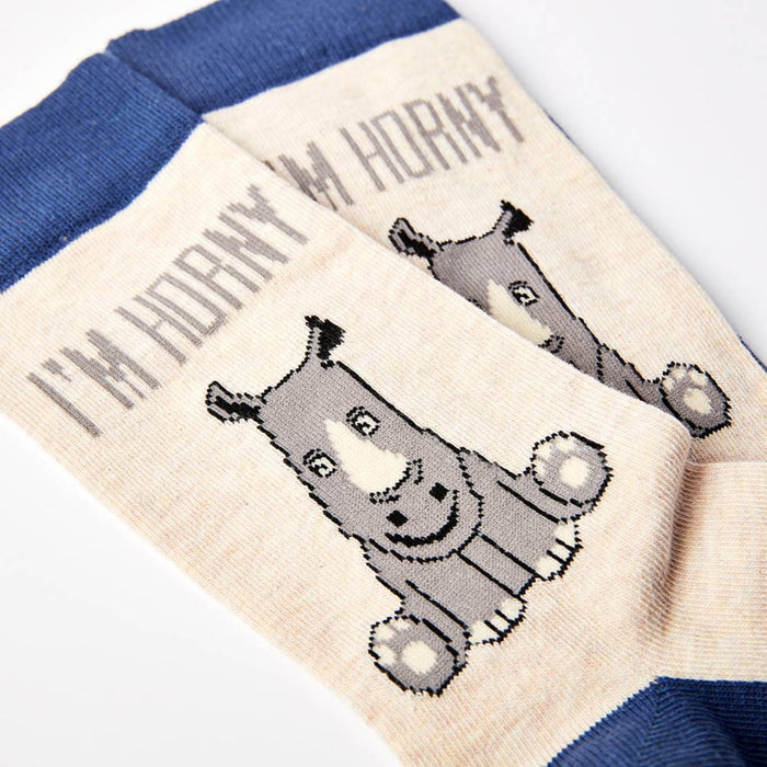 close up of I’m Horny socks showing rhino design and text