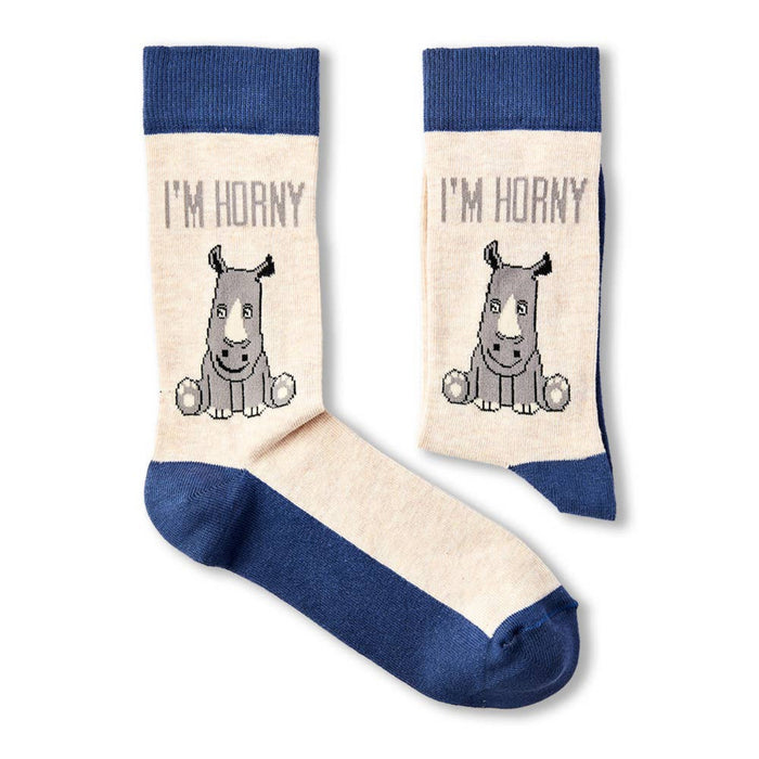 pair of I’m Horny novelty socks laid flat showing full design