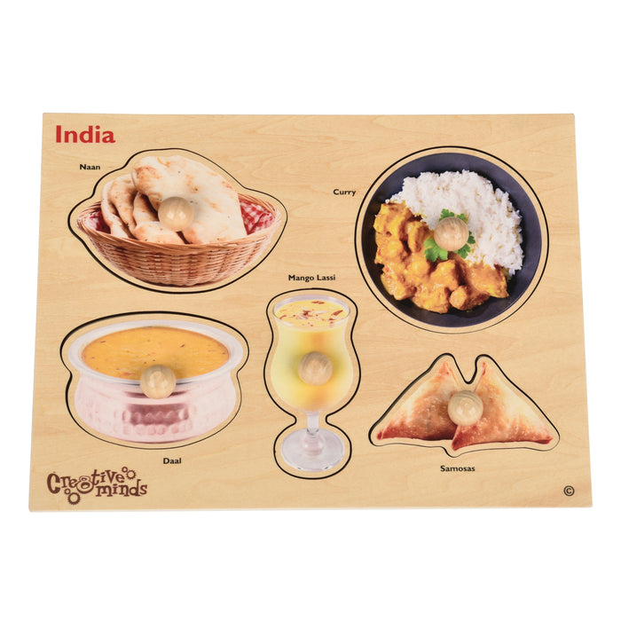 Educational puzzle about Indian cuisine with illustrations of food items on a wooden background.