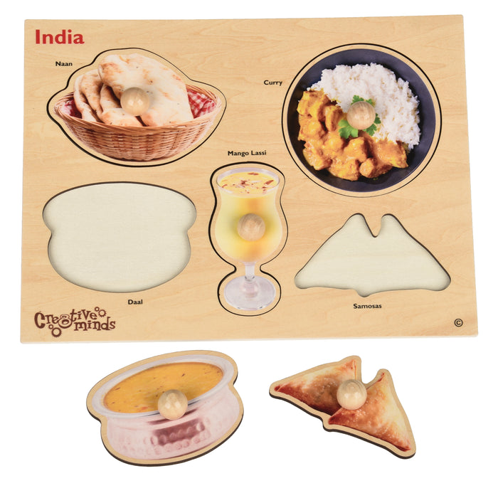 Indian Food Wooden Knob Puzzle | Preschool Peg Puzzle Featuring Real Food Photography