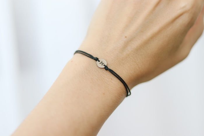 Initial personalised bracelet, stainless steel engraved round charm, black string, Hebrew, custom gift for her