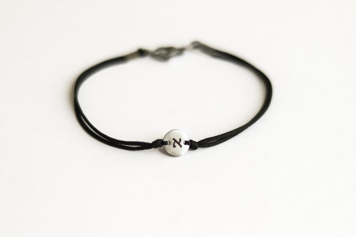 Initial personalised bracelet, stainless steel engraved round charm, black string, Hebrew, custom gift for her
