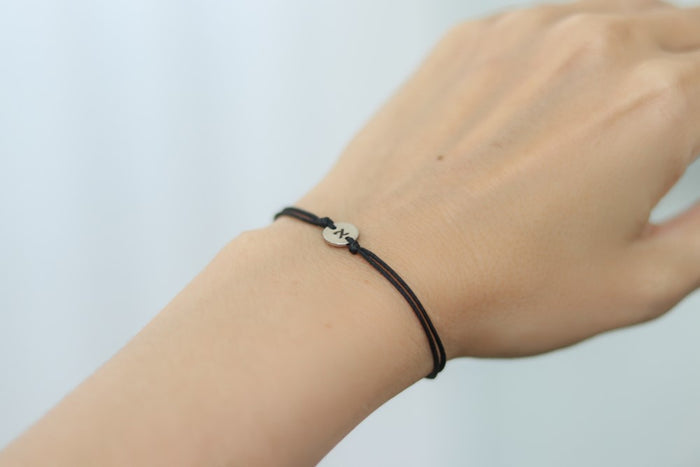 Initial personalised bracelet, stainless steel engraved round charm, black string, Hebrew, custom gift for her