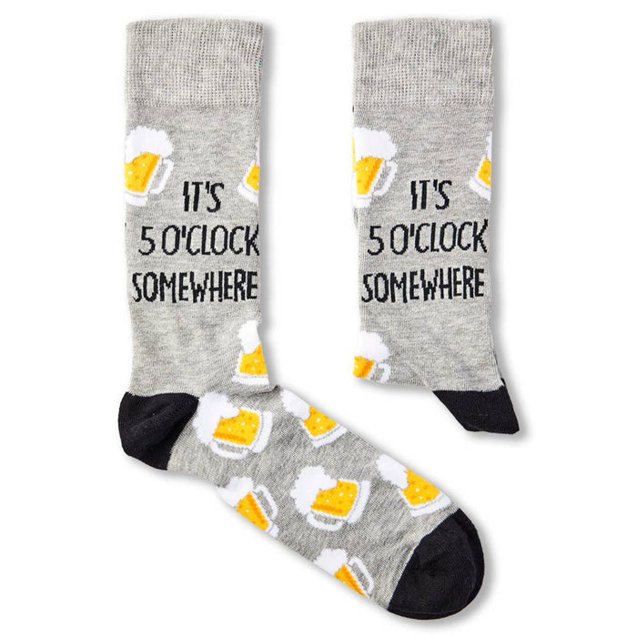 pair of grey beer themed socks with slogan and pattern