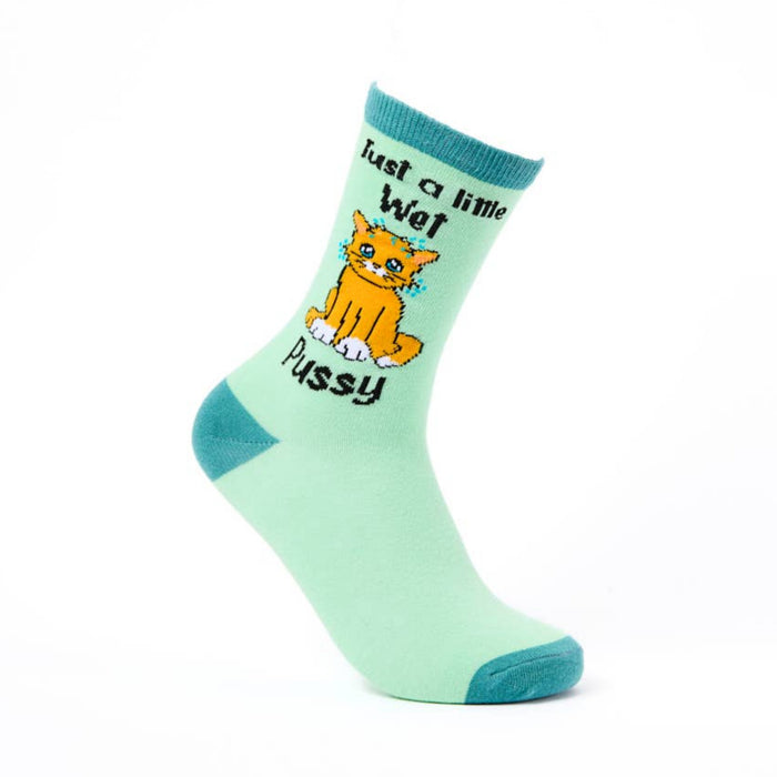 Novelty cat socks with just a little wet pussy slogan on white background