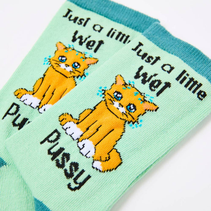 Close up of cat design and humorous slogan on novelty socks