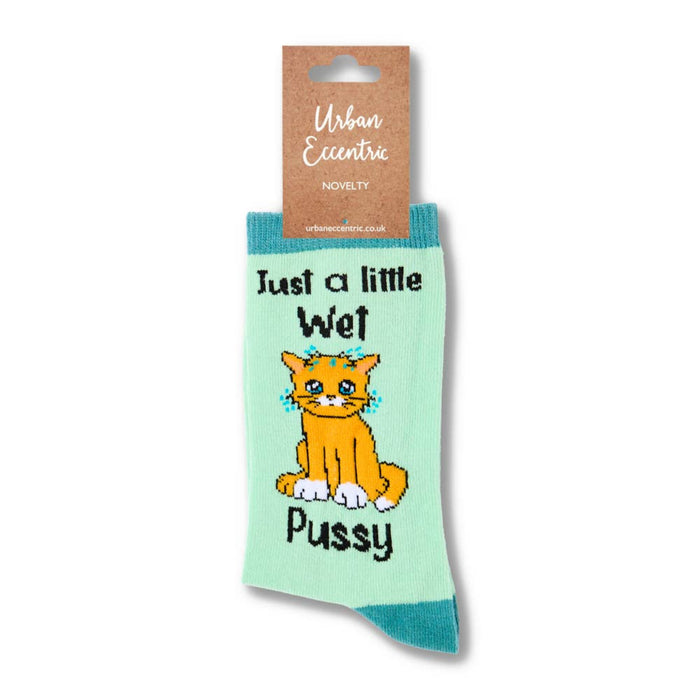 Cat novelty socks with humorous slogan in retail packaging