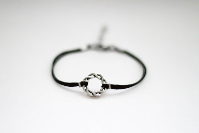 Karma bracelet, silver braided circle charm and black string, yoga jewelry - shani-adi-jewerly