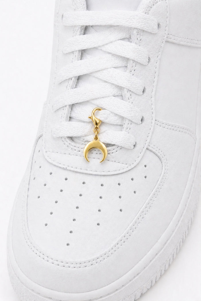 Lace charm shoe jewelry for sneakers, Clip-on shoe charm, gold tone stainless steel half moon double horn