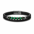 Black braided leather bracelet with green tiger's eye beads and a magnetic clasp on a white background