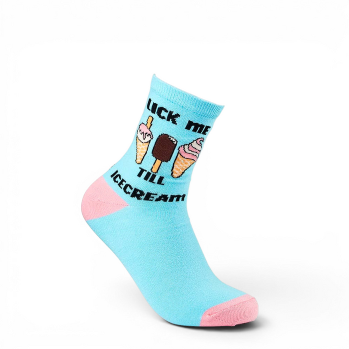 Lick Me Till Ice Cream novelty socks teal front view with ice cream design