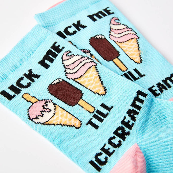 close up of Lick Me Till Ice Cream socks showing ice cream design and text