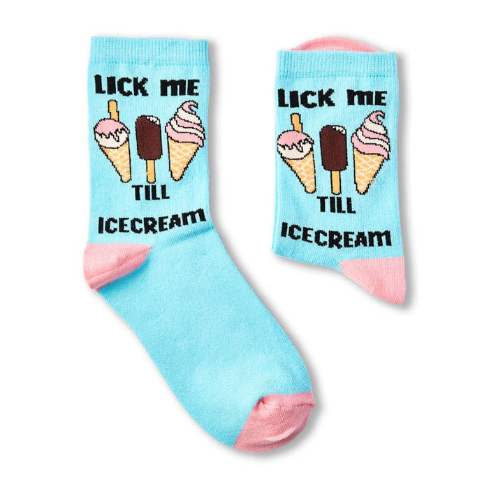 pair of Lick Me Till Ice Cream novelty socks laid flat showing full design