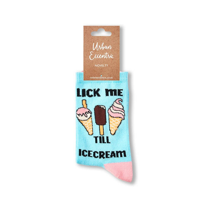 Lick Me Till Ice Cream socks with retail tag visible