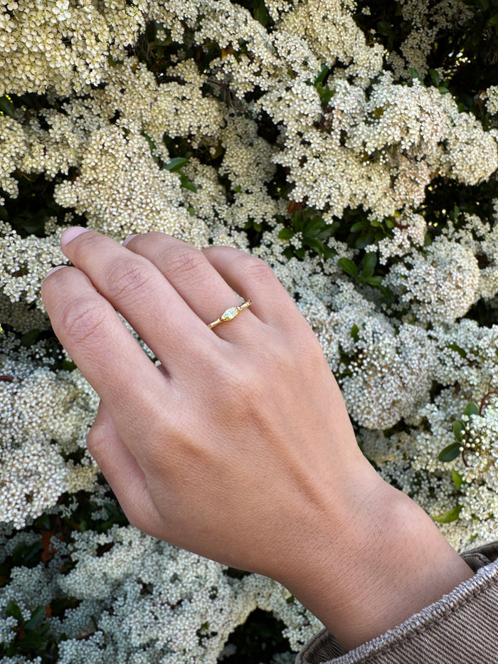 A hand displays the LLUME Jewelry Limon Ring, crafted from gold-plated 925 sterling silver with a light green gemstone, held before lush white blooms.