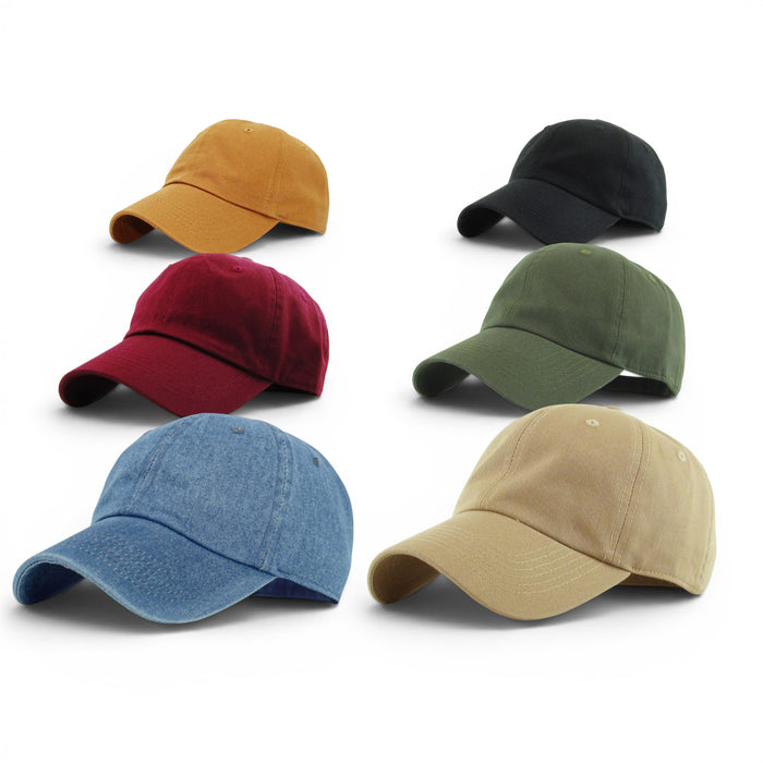 Grid collage showing low profile cotton baseball caps in tan, black, burgundy, olive, denim blue and khaki colour options.