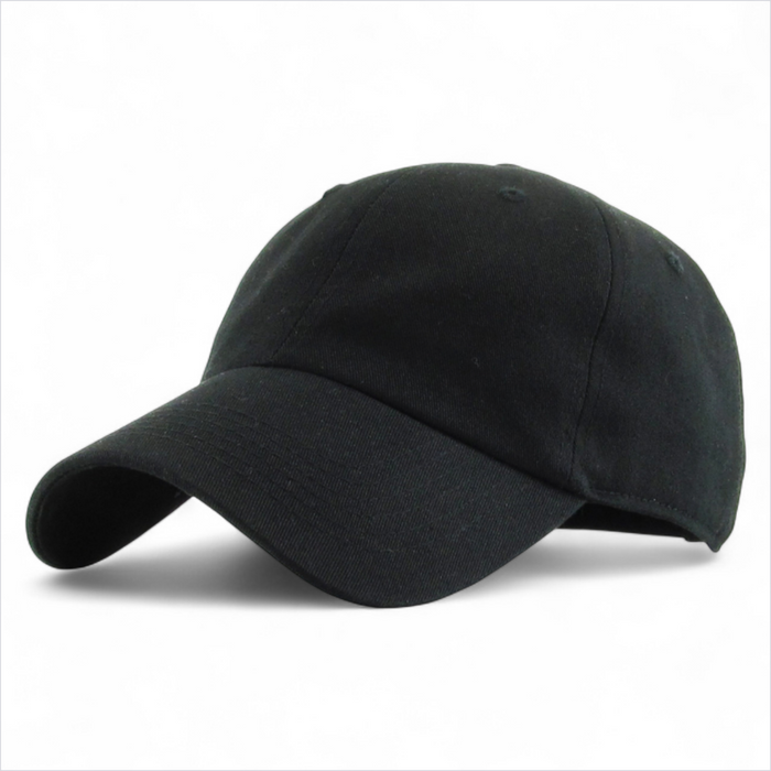 Black low profile cotton baseball cap with curved peak and adjustable fit.
