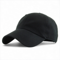 Black low profile cotton baseball cap with curved peak and adjustable fit.
