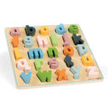 Wooden alphabet puzzle with colorful letters on a white background