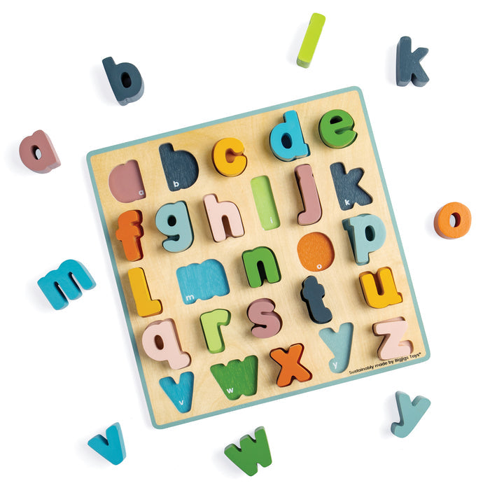 Wooden alphabet puzzle with colorful letters on a white background