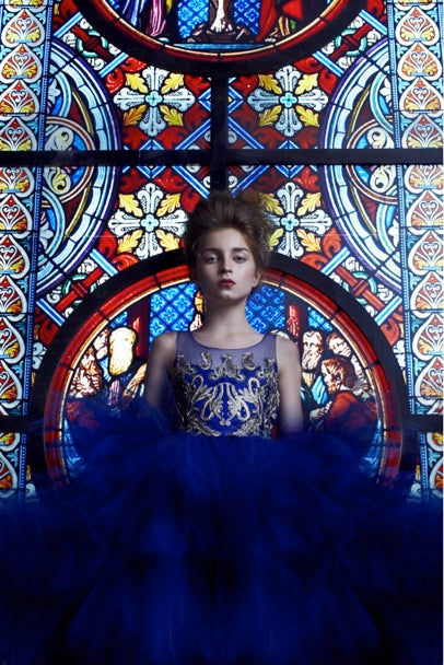 LUXURIOUS HI-LOW DRESS WITH BEADED BODICE AND MULTI LAYER SKIRT