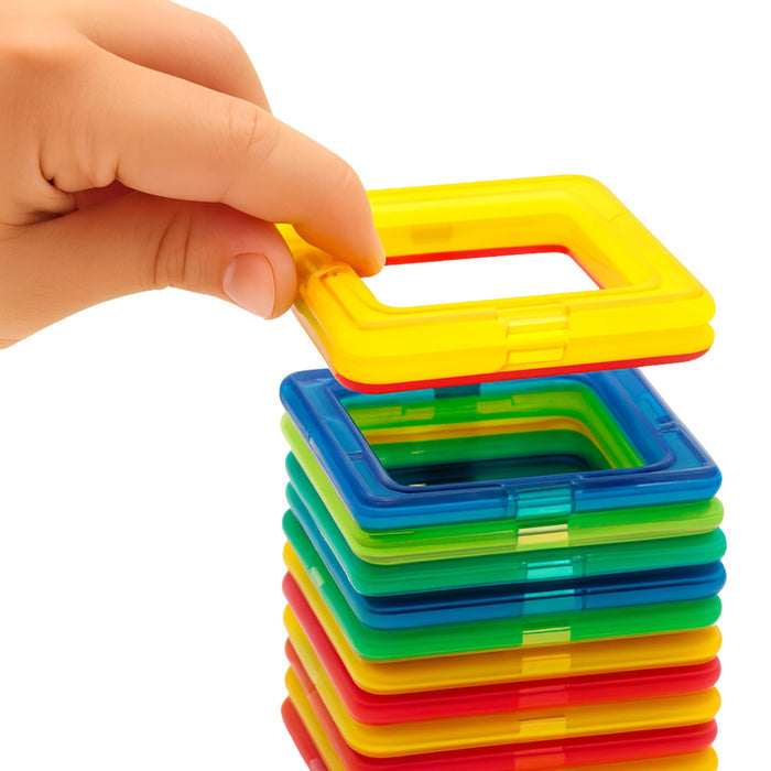 Stack of colorful transparent mag frames with a hand lifting one, on a white background
