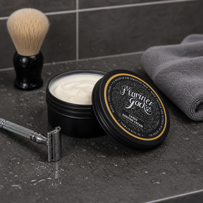 Mariner Jack Cargo shaving cream with safety razor and towel on dark bathroom countertop