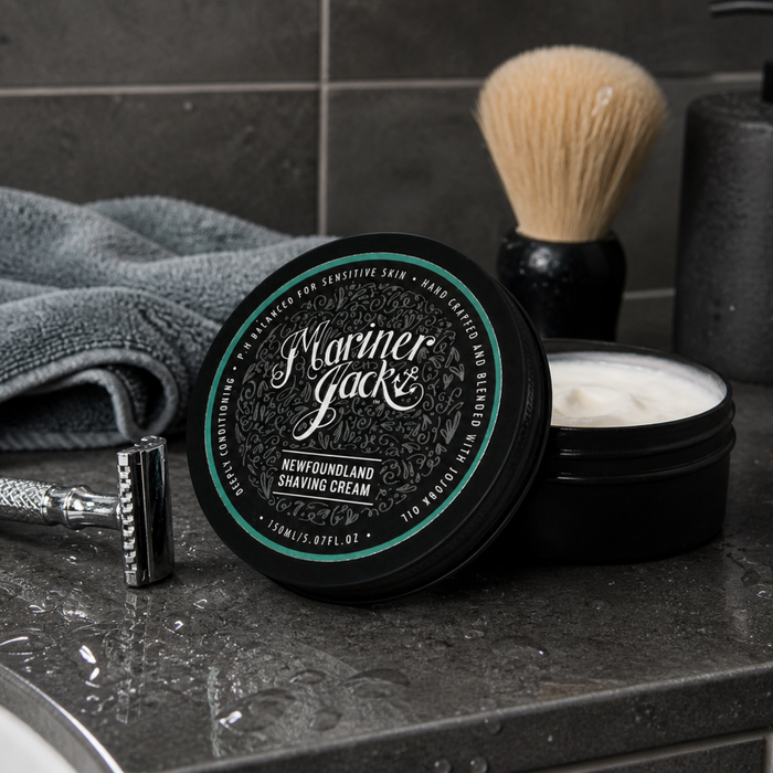 Mariner Jack Newfoundland shaving cream with safety razor and towel on dark slate bathroom countertop