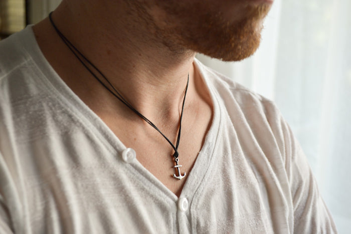 Men's anchor necklace with custom color cord, silver plated pendant, handmade surfer gift for him