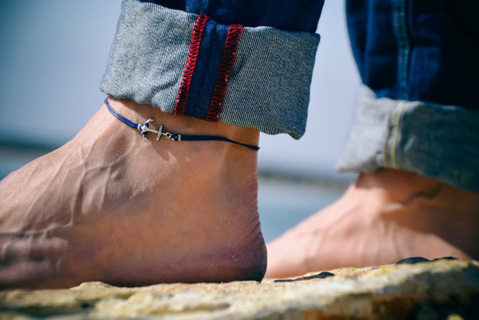 Men's anklet with a silver anchor, blue cord - shani-adi-jewerly