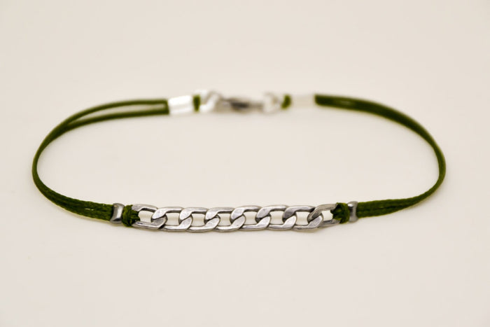 Flat link chain bracelet for men, green cord - shani-adi-jewerly