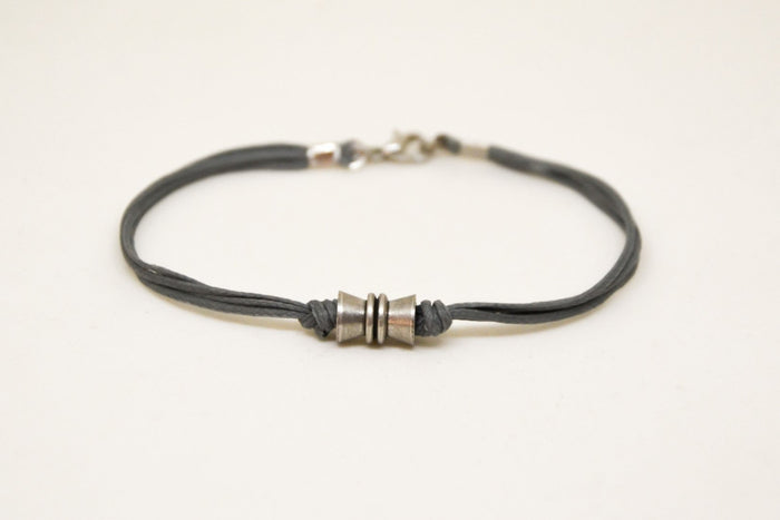 Silver tube bracelet for men, gray cord - shani-adi-jewerly