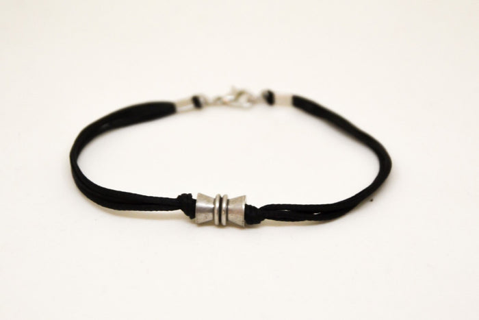 Black cord bracelets for men, silver tube charm for him - shani-adi-jewerly