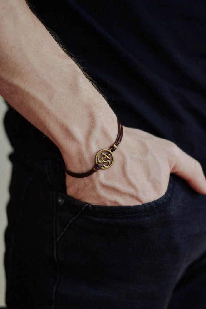 Men's bracelet bronze tone Om charm, brown cord, Christmas gift for him, meditation jewelry