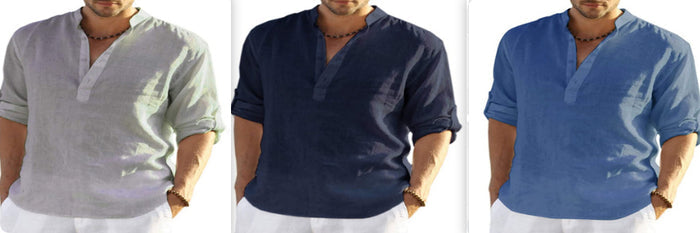 Men's Casual Cotton Linen Solid Color Long Sleeve Shirt Loose Stand Collar