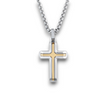 Men’s stainless steel cross pendant necklace with gold ion plating on a 20 inch chain on a white background