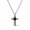 Men’s stainless steel cross necklace with black IP centre detail on a 20 inch chain, shown on a white background