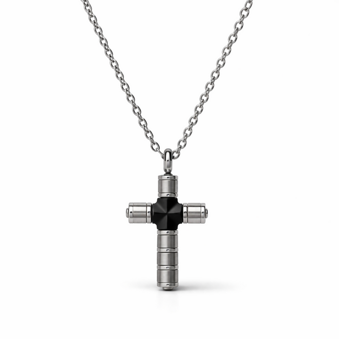 Men’s stainless steel cross necklace with black IP centre detail on a 20 inch chain, shown on a white background