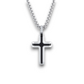 Men’s stainless steel cross necklace with black IP inlay on a 20 inch chain, shown on a white background