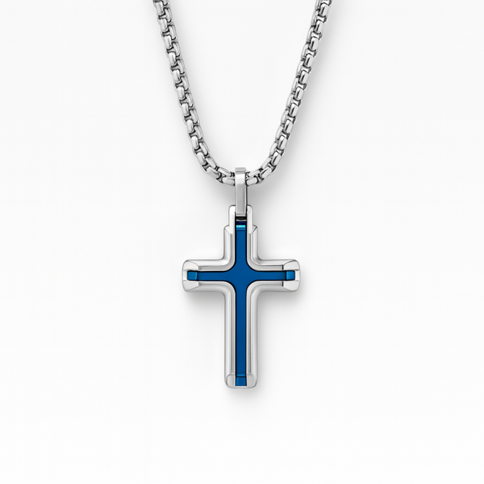 Men’s stainless steel cross necklace with blue IP inlay on a 20 inch chain, shown on a white background