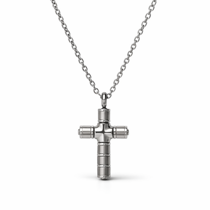 Men’s stainless steel cross necklace with matte and polished finish on a 20 inch chain, shown on a white background