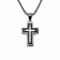 Men’s small stainless steel cross pendant necklace with box chain on white background