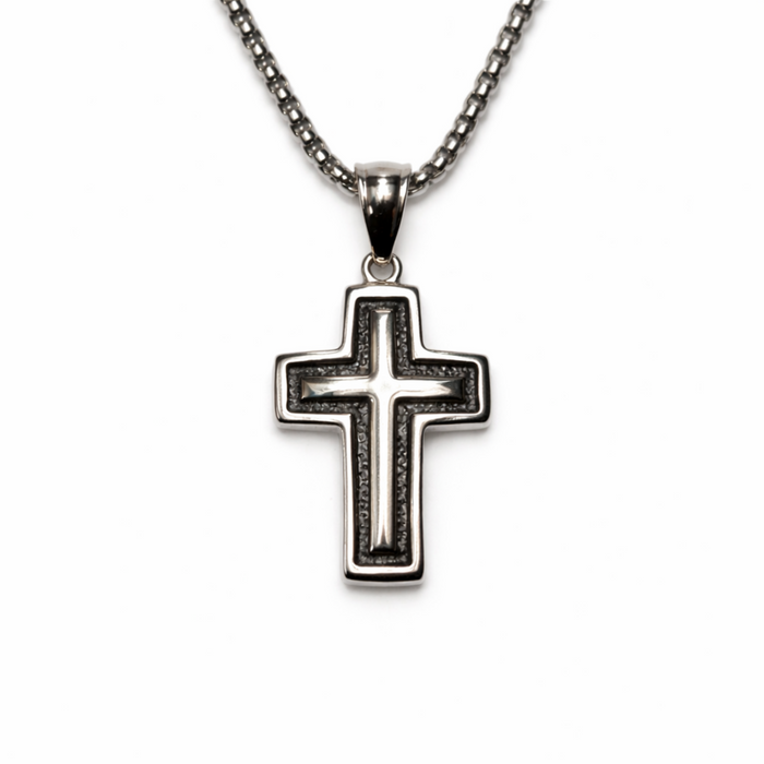 Men’s small stainless steel cross pendant necklace with box chain on white background