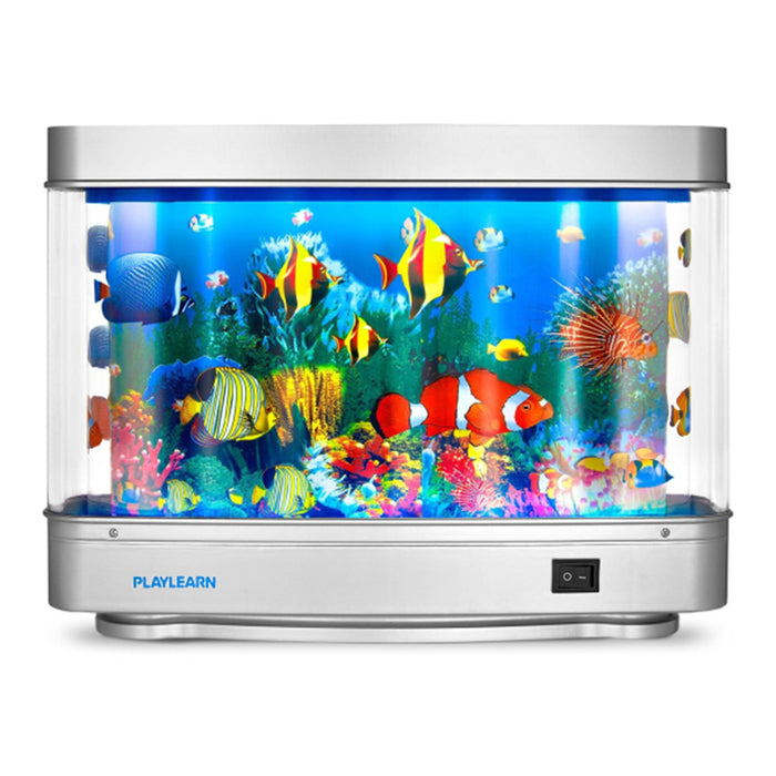 Fish tank with colorful fish and underwater plants on a white background